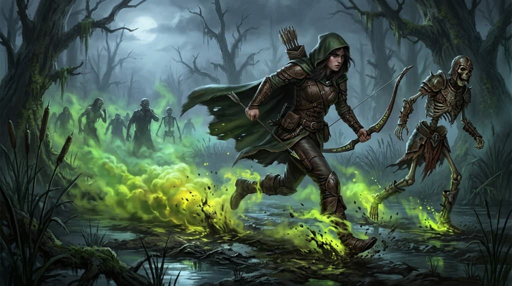 A hooded Ranger sprinting through a moonlit swamp as green poison gas billows from her boots with every step