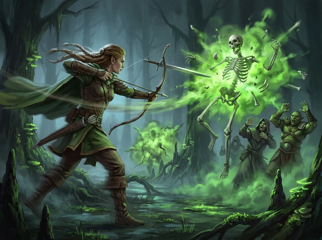 A Ranger loosing an arrow as a skeleton bursts into a bright green corpse-gas cloud in a dark forest