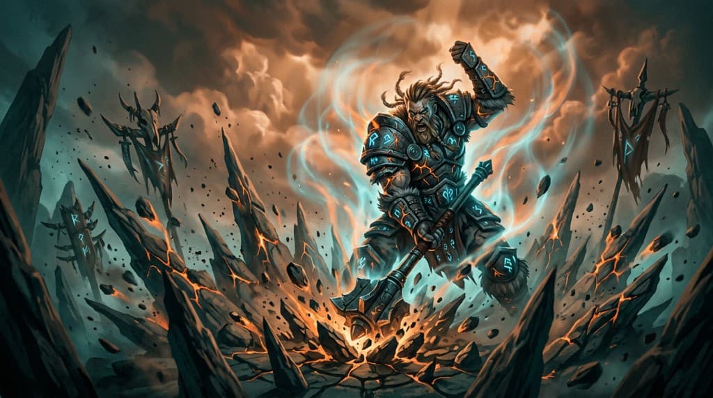 Warbringer slamming a two-handed mace into the ground as Earthshatter spikes erupt around him
