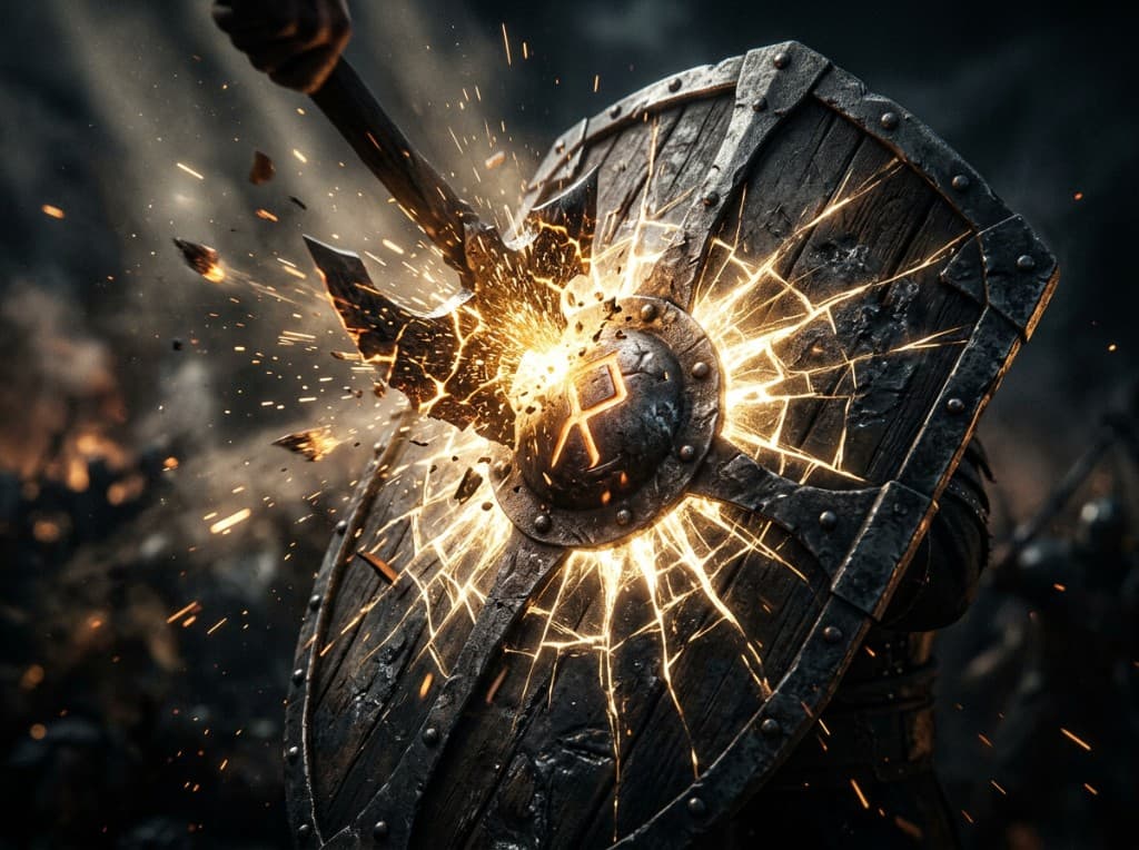A rune-marked wooden shield taking a heavy mace blow, gold cracks bursting from the boss