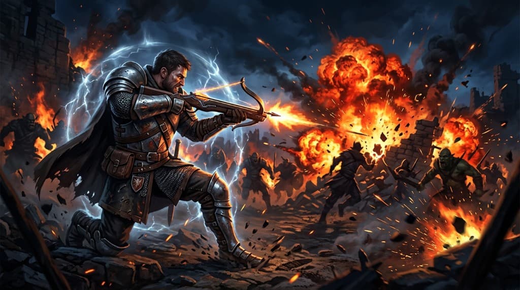 A Mercenary firing a crossbow loaded with grenades into a pack of enemies, a chain of fiery grenade explosions lighting up the scene