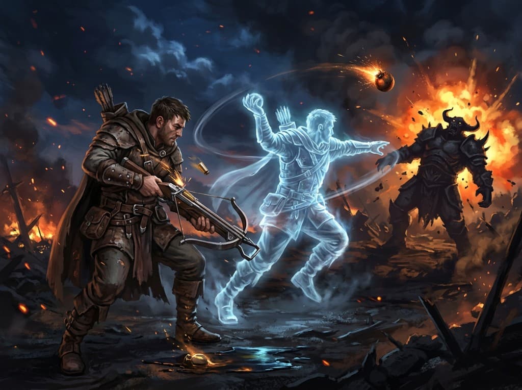 A ghostly Mirage Archer duplicate standing beside the Mercenary, both mid-throw as twin Explosive Grenades arc toward a boss