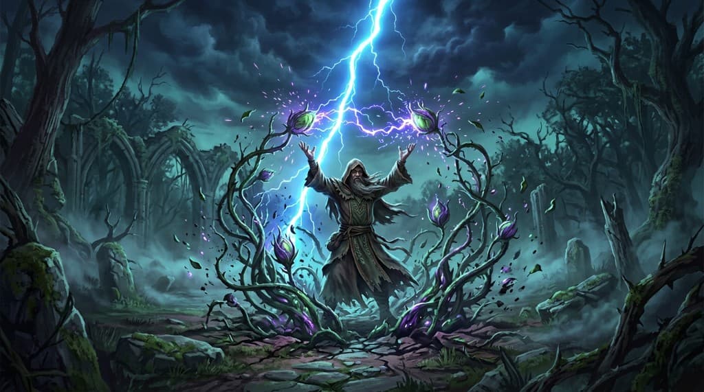 Hooded Plant Oracle Druid raising both hands as lightning strikes between two plant pods in a ruined forest