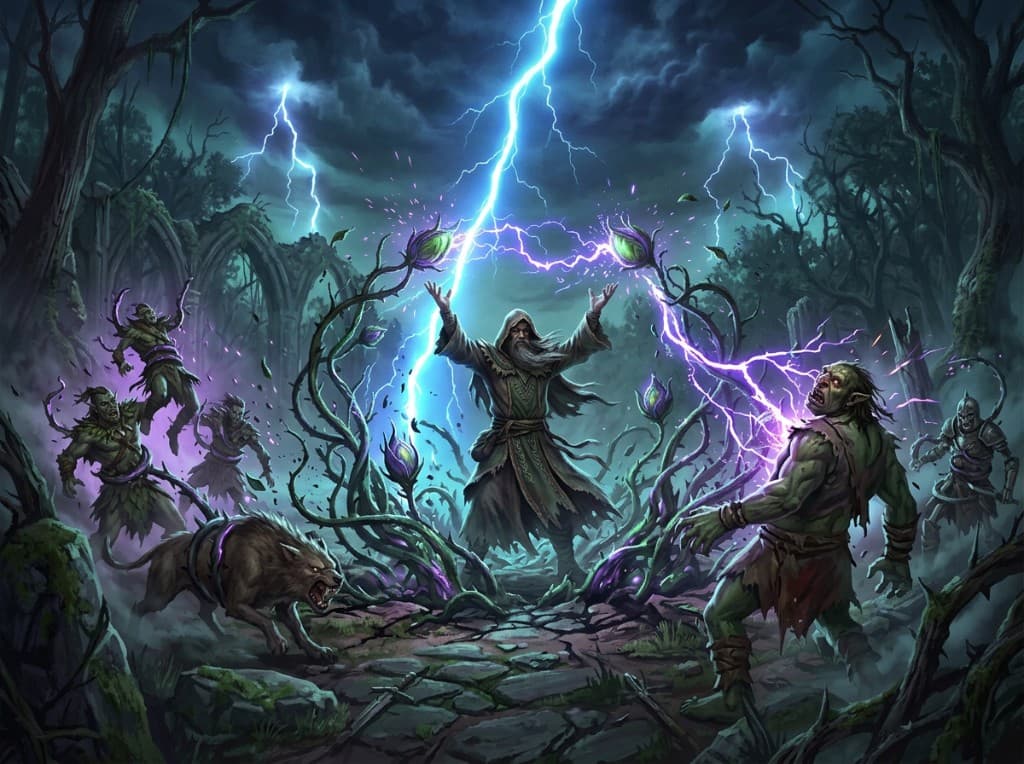 Plant Oracle Druid watering Entangle vines with Thunderstorm while undead and a wolf close in