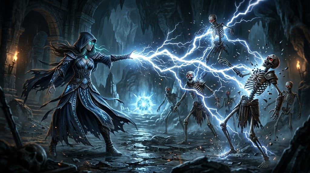 A hooded Sorceress chaining white-blue lightning through a pack of skeletons in a dark cavern