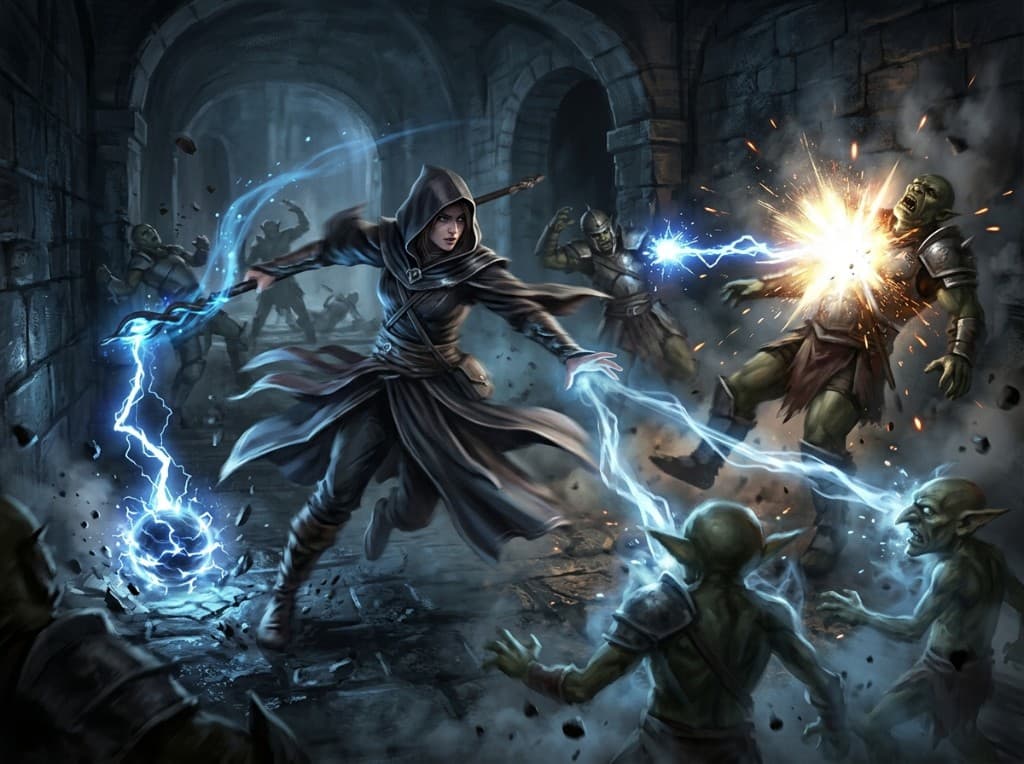 A hooded caster leaping in a stone corridor as Spark bolts and a lightning orb strike through a goblin pack