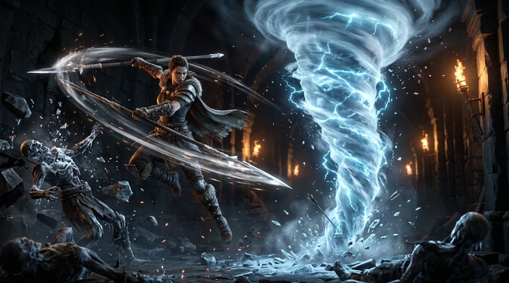 A Huntress mid-spin in a torch-lit hall, spear trailing motion blur as an ice-charged Twister tornado tears through fallen enemies