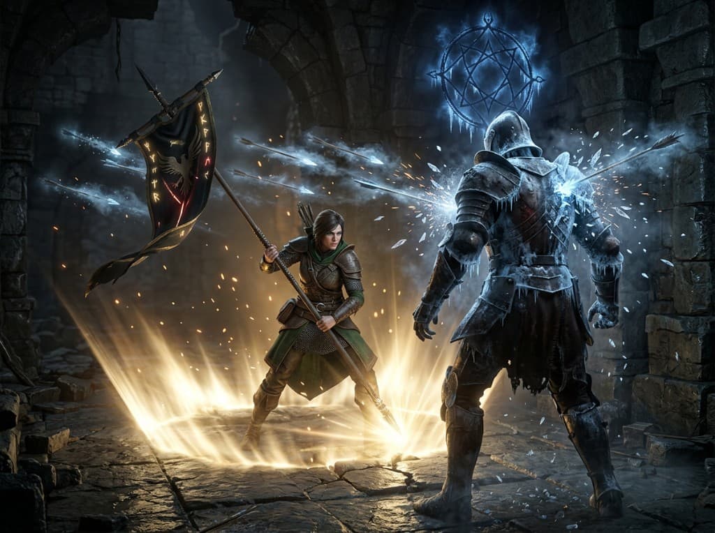 A Huntress planting a War Banner as ice-tipped arrows shatter against a frozen knight, a Freezing Mark sigil hanging above his helm