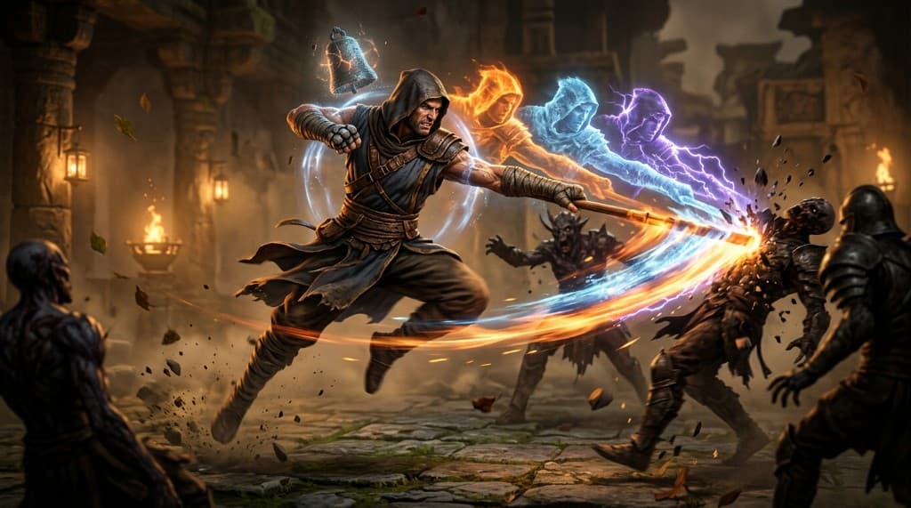 A hooded Martial Artist leaping through a courtyard, quarterstaff trailing fire, ice, and lightning afterimages as a Tempest Bell hangs overhead