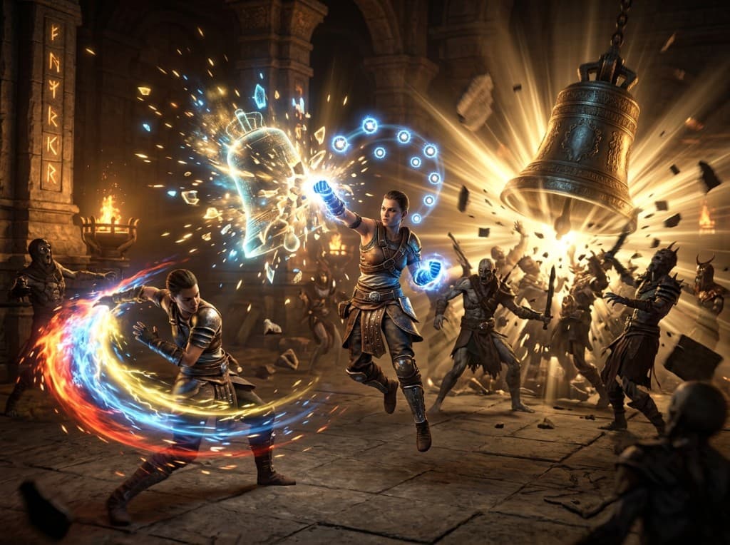 A Monk shattering a ghostly Hollow Focus bell with Trinity orbs while Whirling Assault's elemental trail and a ringing Tempest Bell explode through the pack