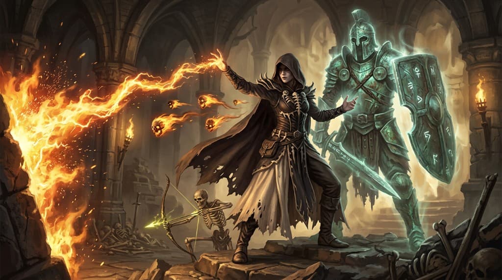 A hooded Witch raising Flame Wall in a ruined hall as raging spirit skulls fly out, a skeletal sniper kneels with a bow, and a ghostly Vaal Guard stands behind her