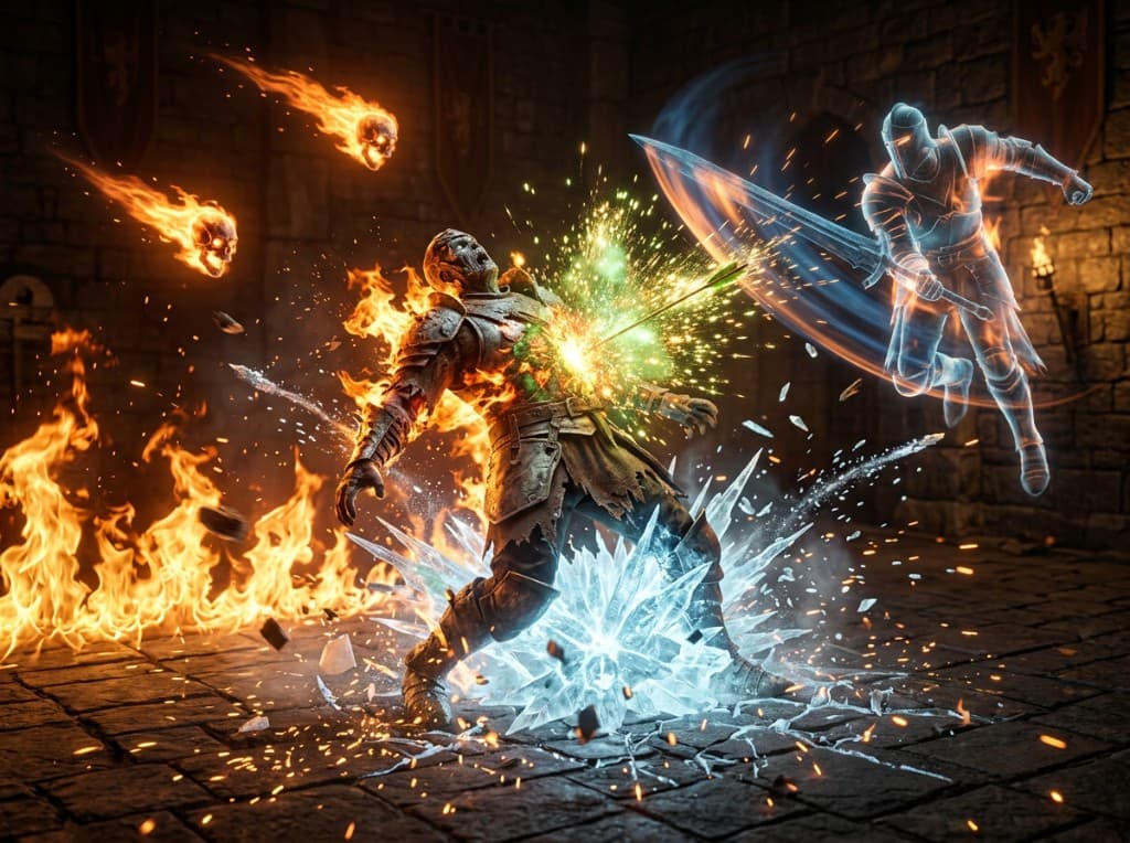 A Gas Arrow detonates in an ignited enemy, frost cracking the floor as raging spirit skulls and a ghostly knight close in