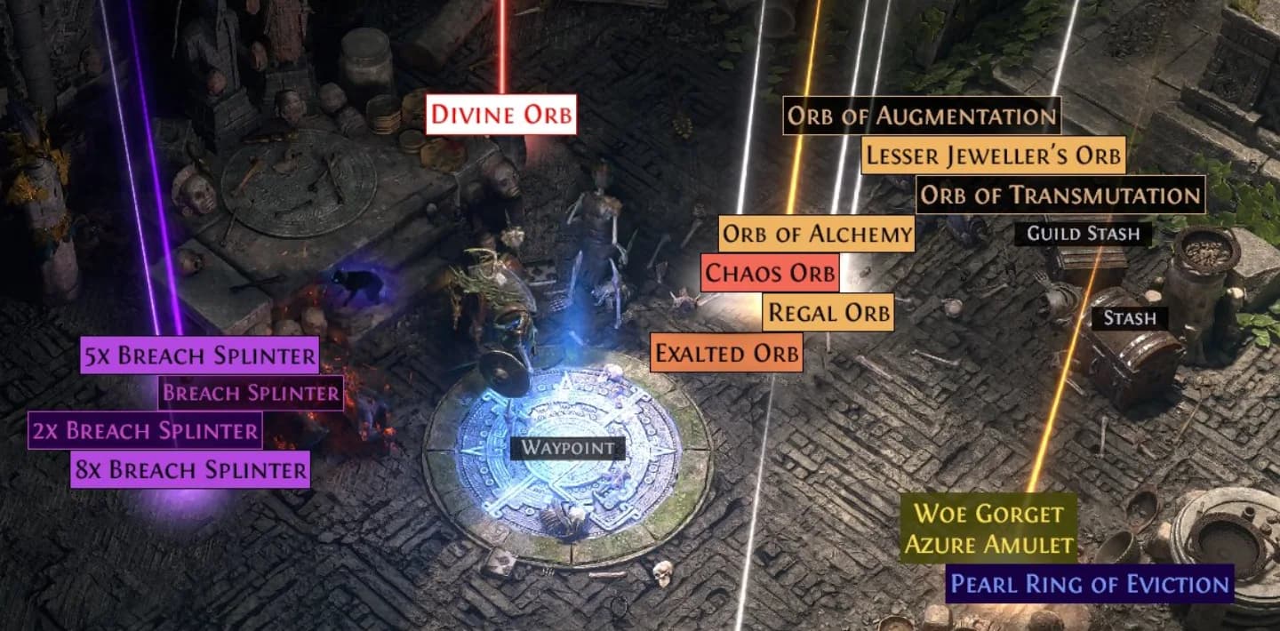 Ground loot with a filter on — colored beams and labels so currency and uniques read at a glance