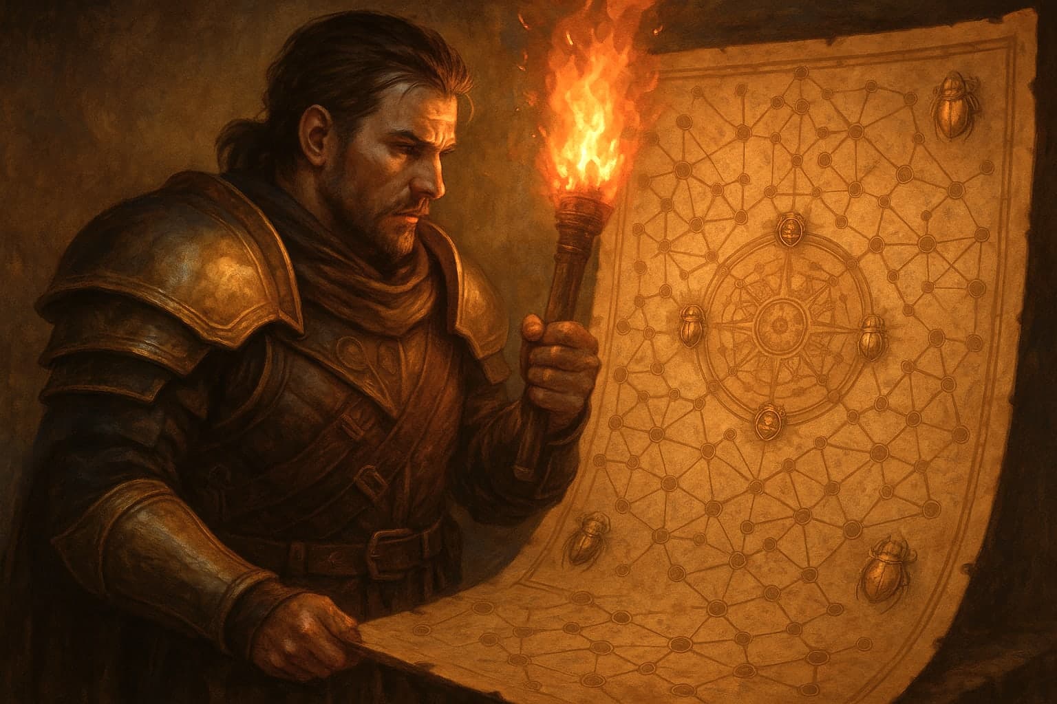 PoE 2 Atlas with waystones and precursor tablets on the Map Device, ember-lit