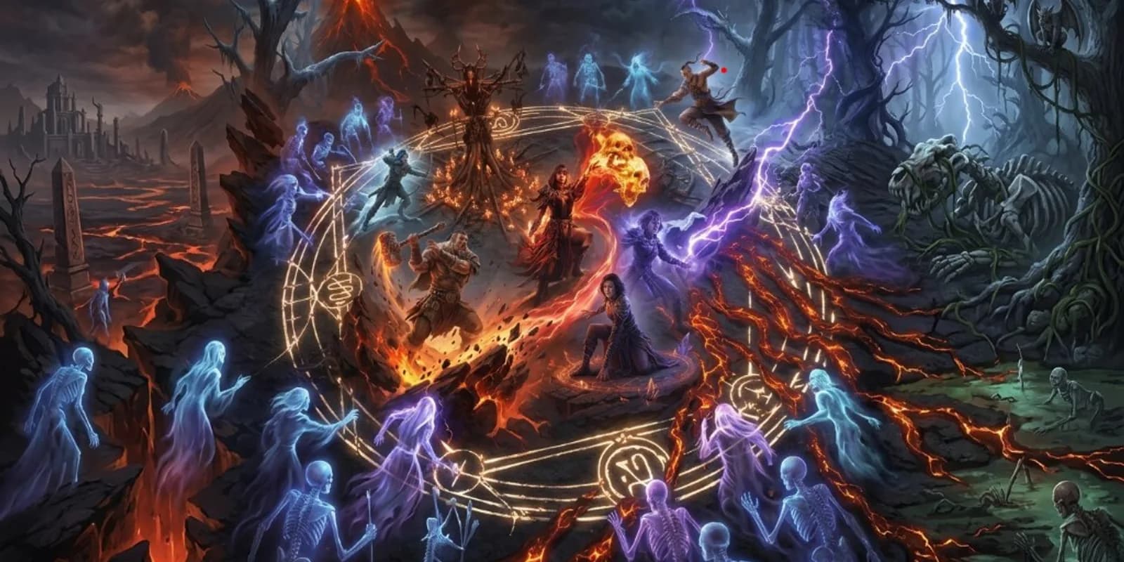 Exiles hold a ritual circle against a wave of spirits, fire and lightning at the edges