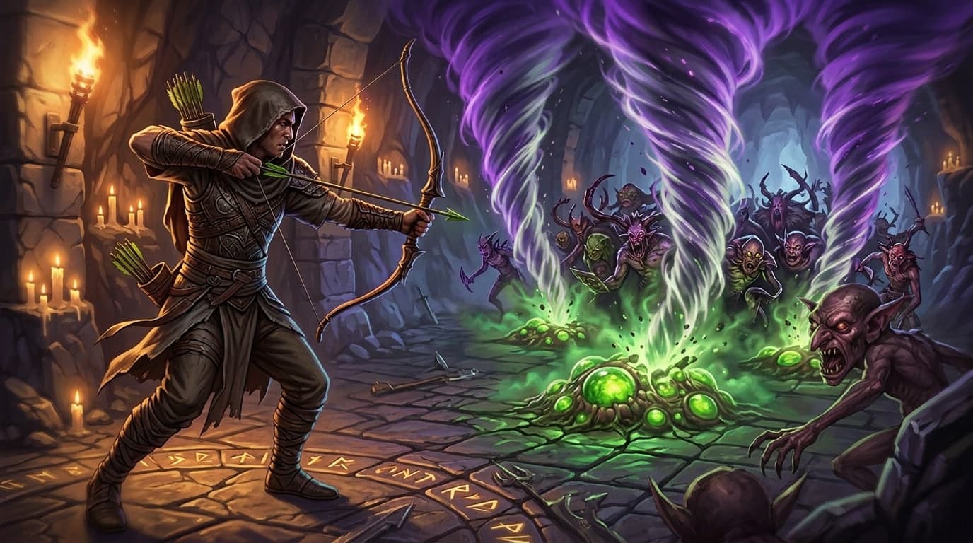 Hooded monk archer drawing a bow in a torch-lit chamber, two violet chaos tornadoes tearing through a demon pack over green poison pustules