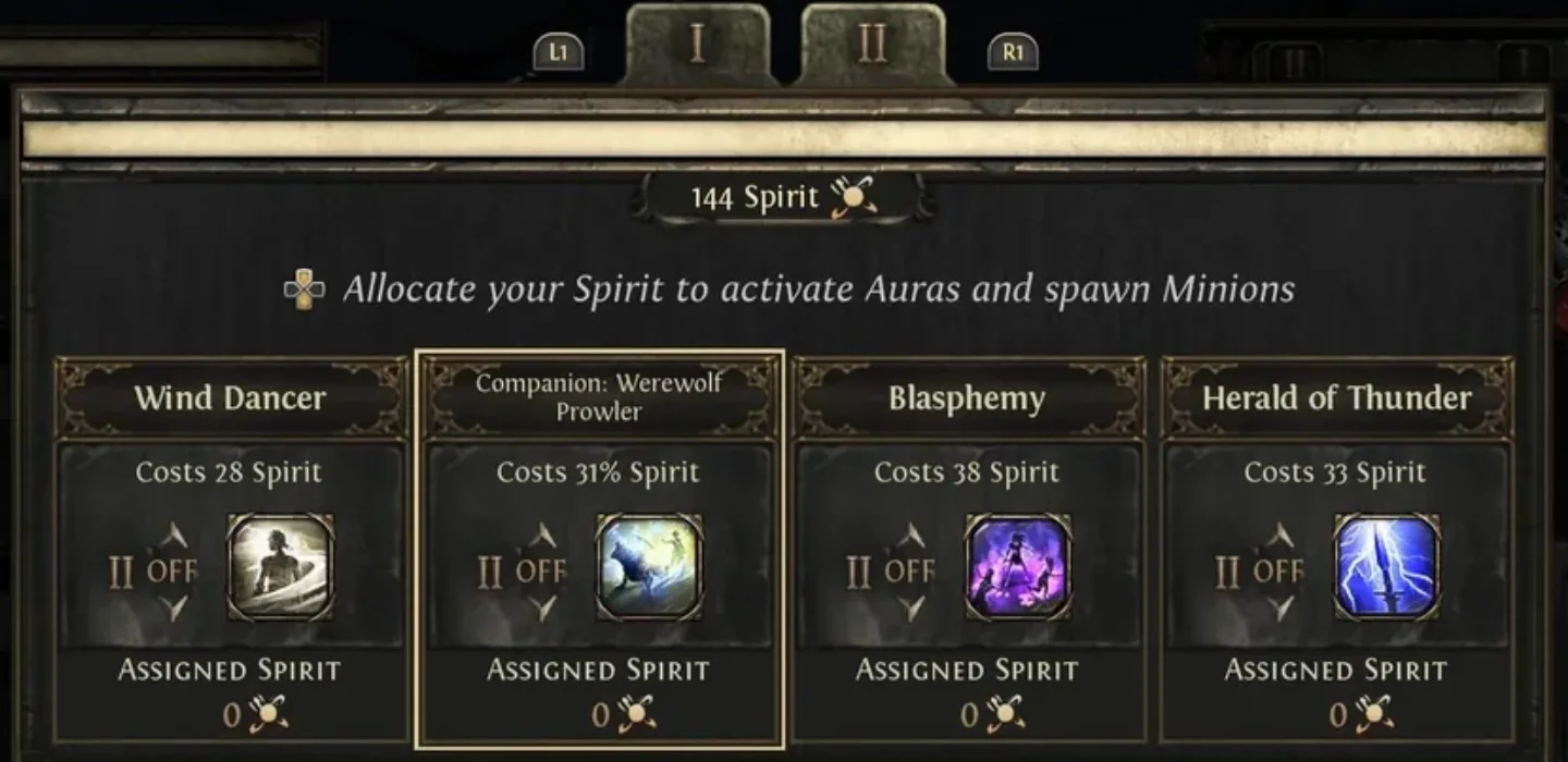 Spirit allocation screen with auras, companions, and remaining Spirit