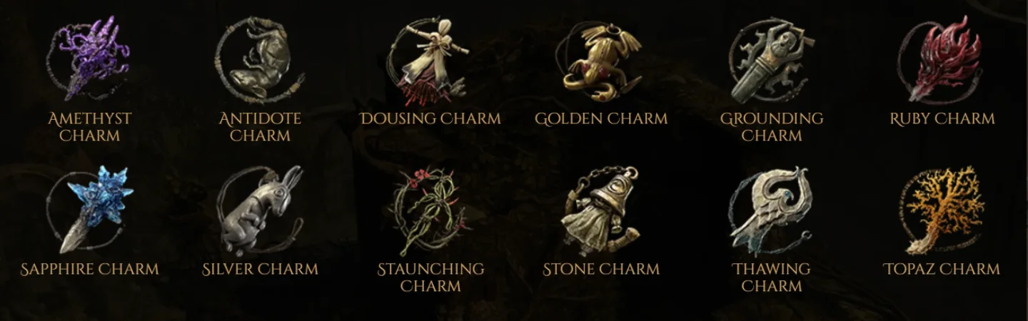 Charm icons including Staunching, Antidote, and resistance charms