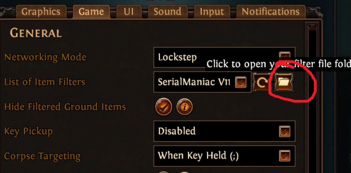 Item Filter folder button in Options