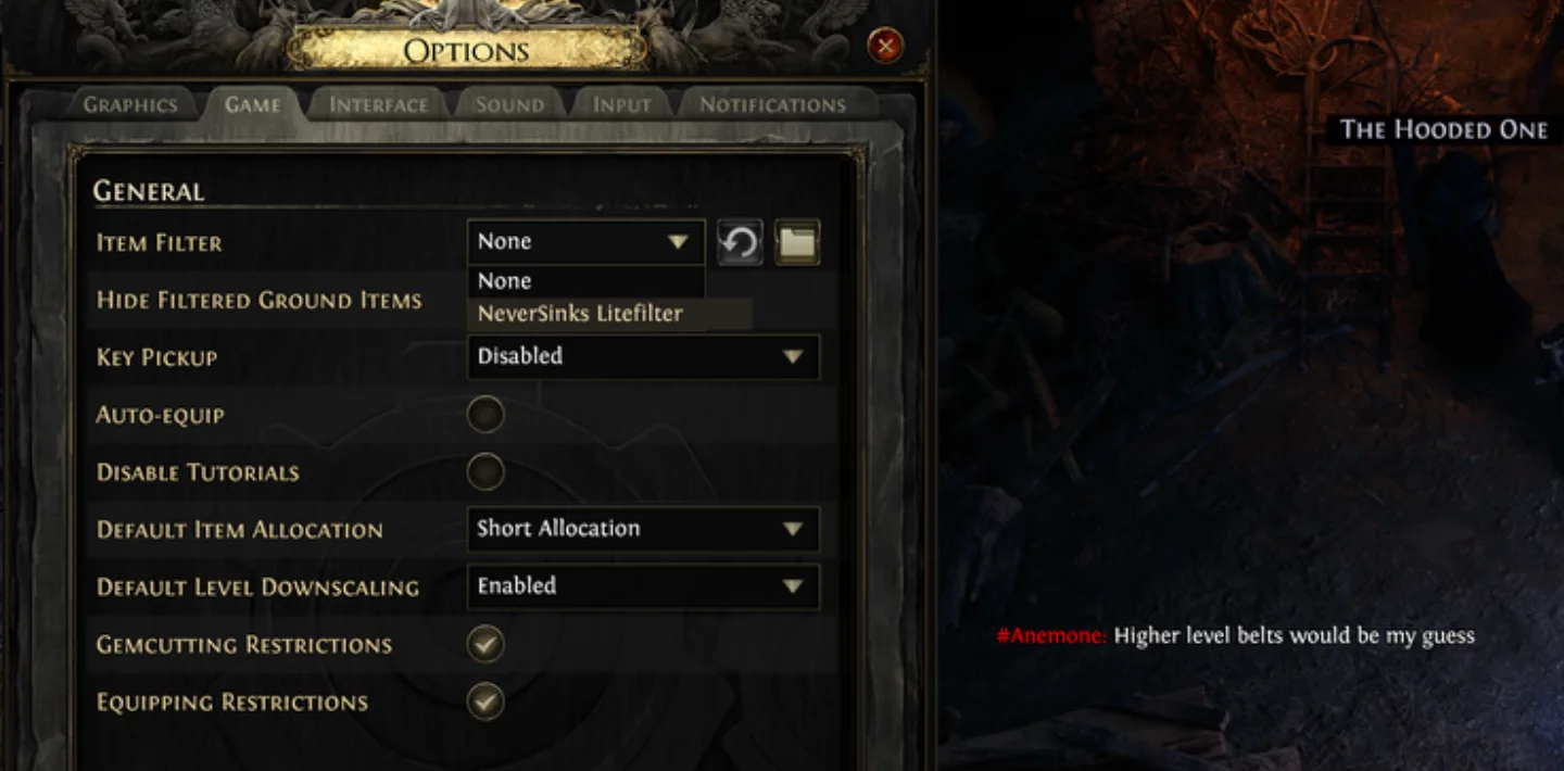 Options → Game → Item Filter