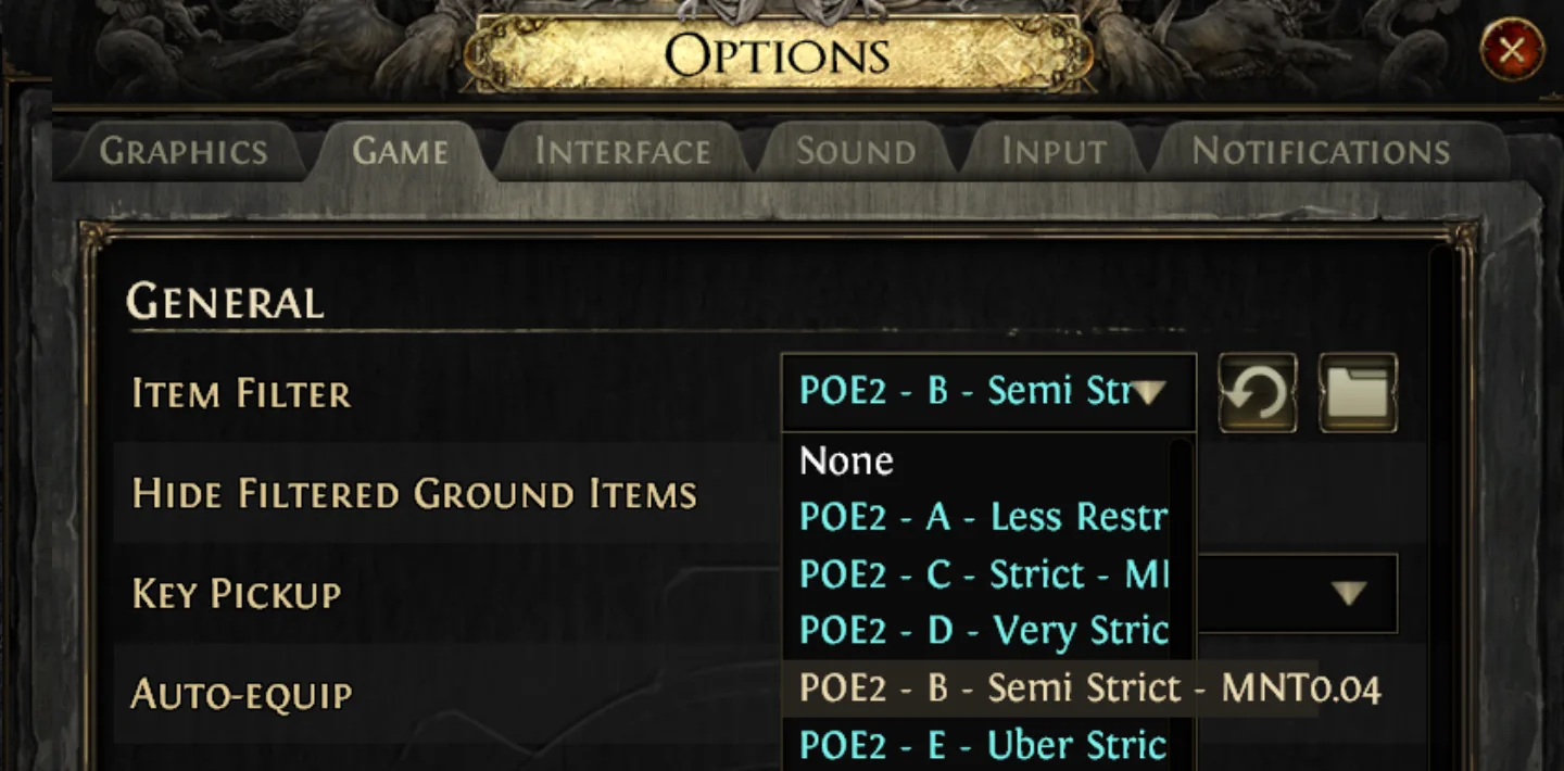 Item Filter dropdown with installed strictness tiers