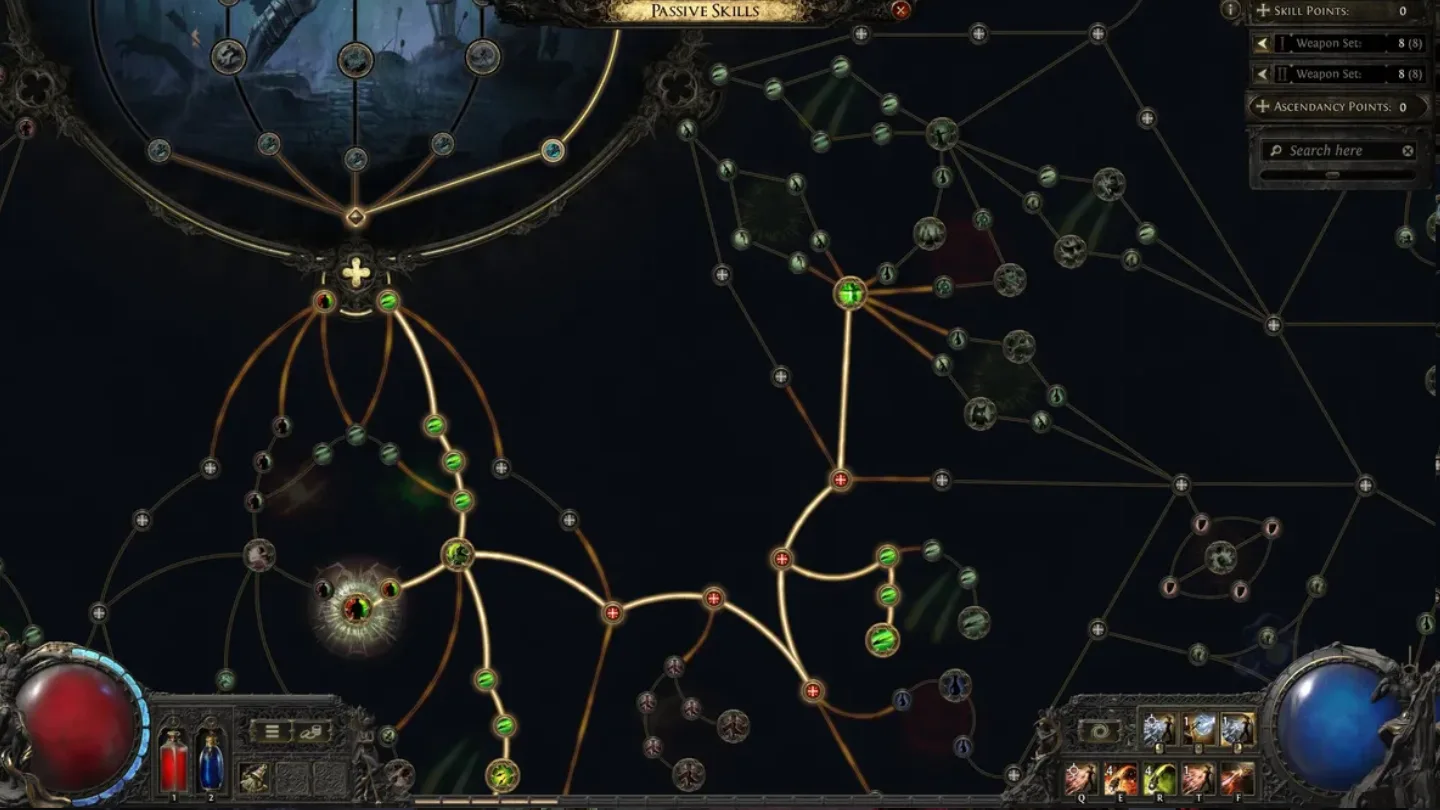 Passive tree path with small + attribute travel nodes