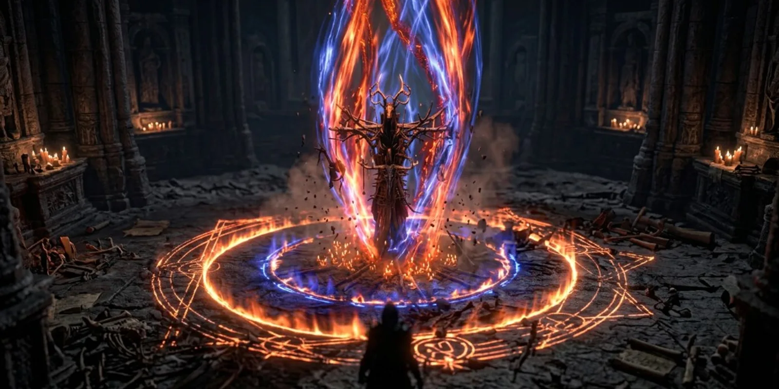 Nameless ritual effigy in a stone chamber, orange and blue tribute rings on the floor