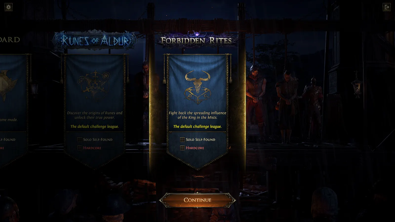 Character select: Forbidden Rites highlighted beside Runes of Aldur