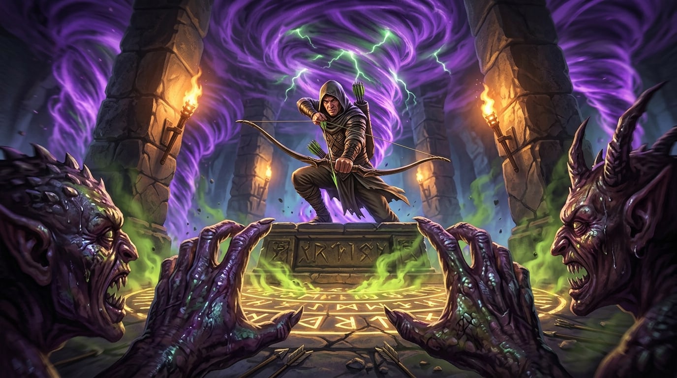 Hooded monk archer on a stone altar, purple chaos tornado overhead, two demons reaching in through green poison mist